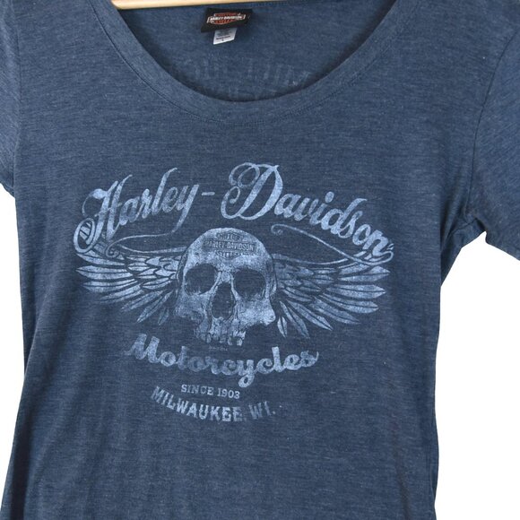Harley Davidson Skull Wings Tee Size L Blue Biker Rocker Grunge y2k - Picture 1 of 7